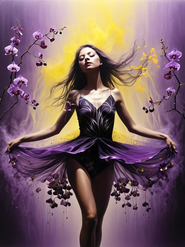 Hyper-realistic airbrushed drawing in the style of Marc Allante and Alan Aldridge, a black and purple orchid transitioning into a girl with a mystical double exposure, strands of her hair transforming into delicate leaves and petals that flutter with the motion of a ballerina, the scene bathed in magic yellow smoke that weaves through the composition, nature seamlessly blending with fantasy in a surreal dance of light and color