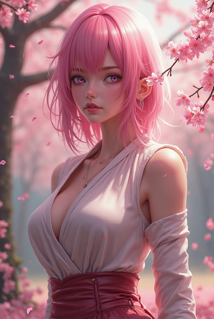 masterpiece, absurdres, sakura\(boruto\), 1girl, solo,mature female, off shoulder floral dress, looking at viewelling petals), perfect composition, detailed lips, big breast, beautiful face, body propotion, blush, (pink lips), long hair, green eyes, soft gaze, super realistic, detailed, photoshoot, realistic face and body