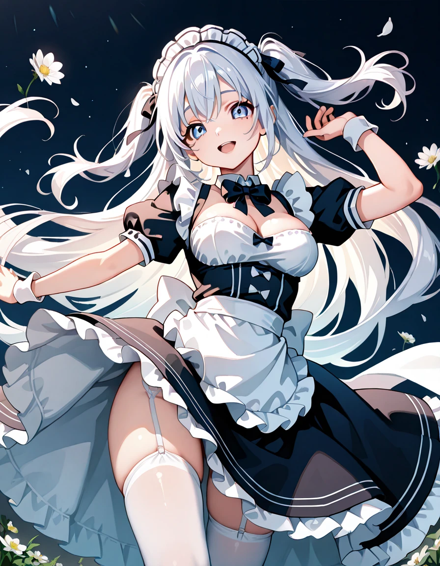 (1 girl),((high quality)), ((High resolution)), ((Very detailed)), (8k),(CG)、(Cute Bra)、(Cute Panties)、(Knee-high stockings)、Long Hand Gloves、Neutral white lighting,Sexy pose、Messy Hair、Hands behind the head、