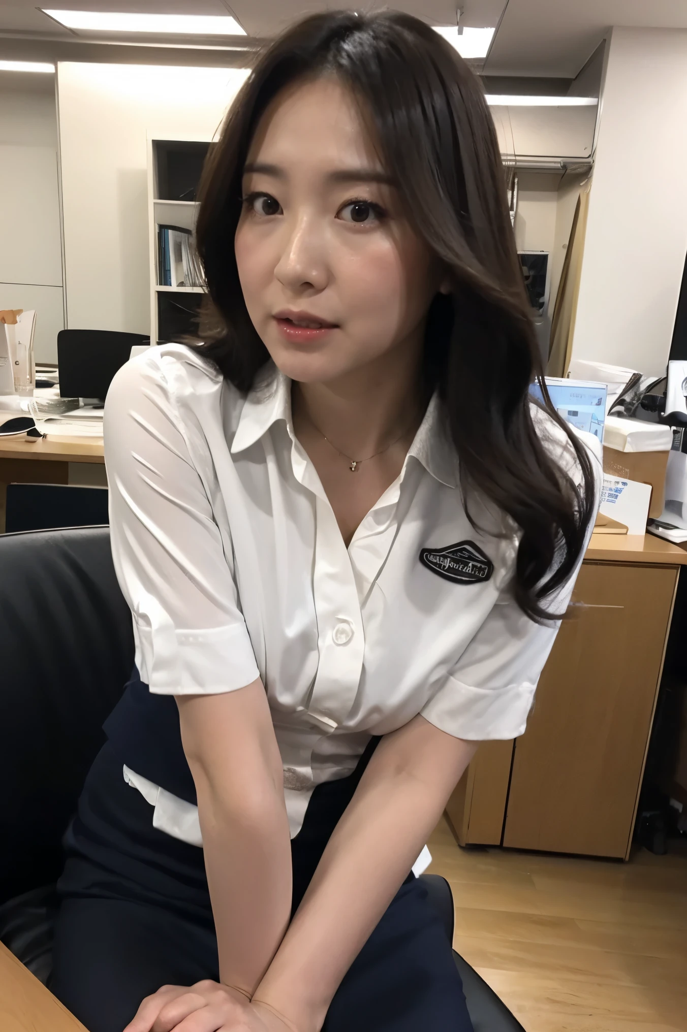 Highest Quality, 8k, photo shoot, (viewer display), photorealism, bust close-up with transparent underwear, alone, Japan,wavy hair with a graceful expression that breaks the Dutch angle, wrinkles around the eyes, Highlight your chest, Big Breasts,30 years old, (pencil skirt:1.0), ( Office Uniform),Stand on your own two feet