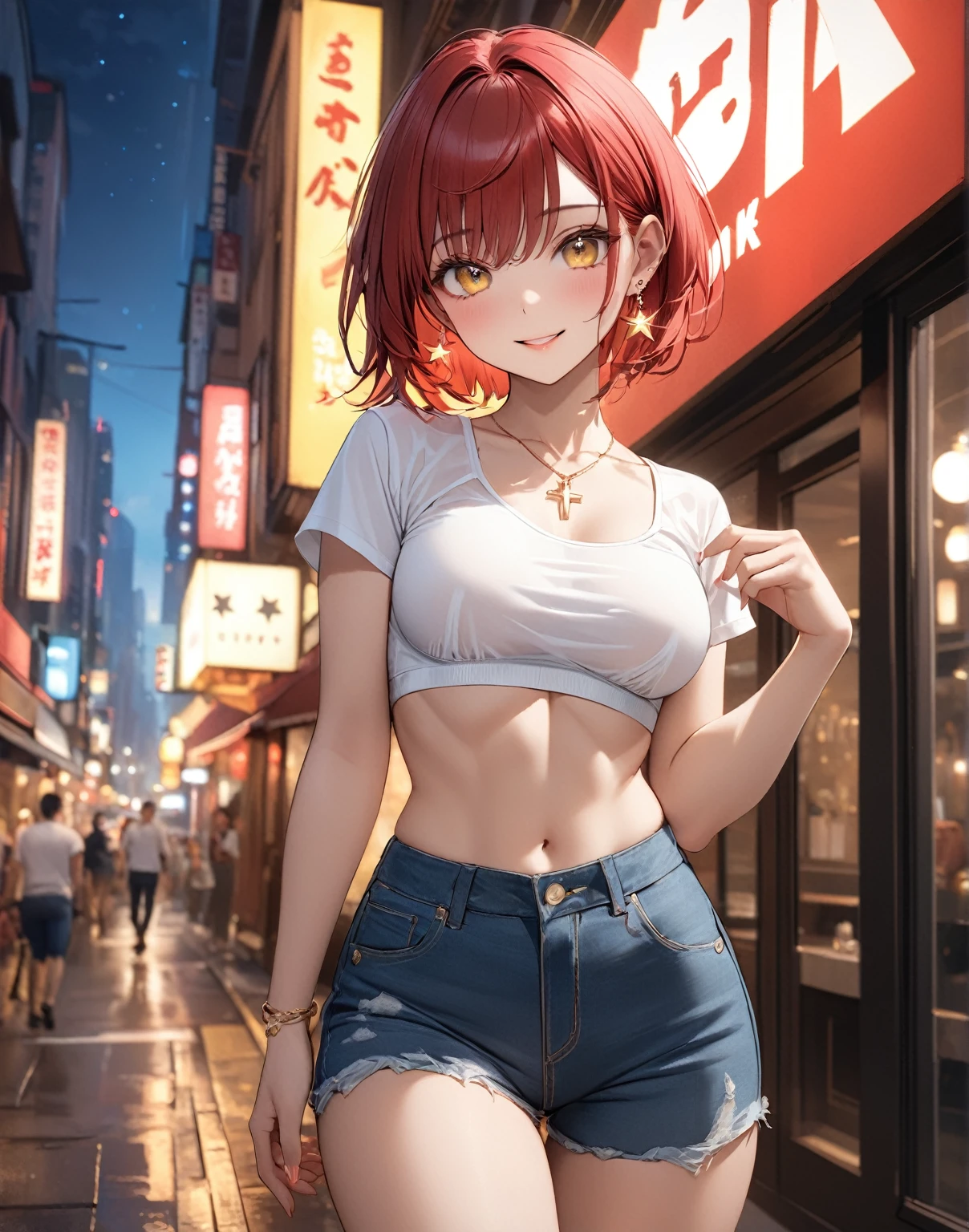 ((mediuml breasts, tomboy girls, small head)),  (chiseled abs : 1.1), (perfect body : 1.1), (wavy short hair : 1.2) , auburn hair, collar, chain, full-body shot, crowded street, wearing black tanktop, jeans jacket, ((shorts)), (extremely detailed CG 8k wallpaper), (an extremely delicate and beautiful), (巨作), (Best Quality:1.0), (ultra highres:1.0),  beautiful lighting ,perfect lightning, realistic shadows, [highres], detailed skin, A highly detailed (((Colored)))