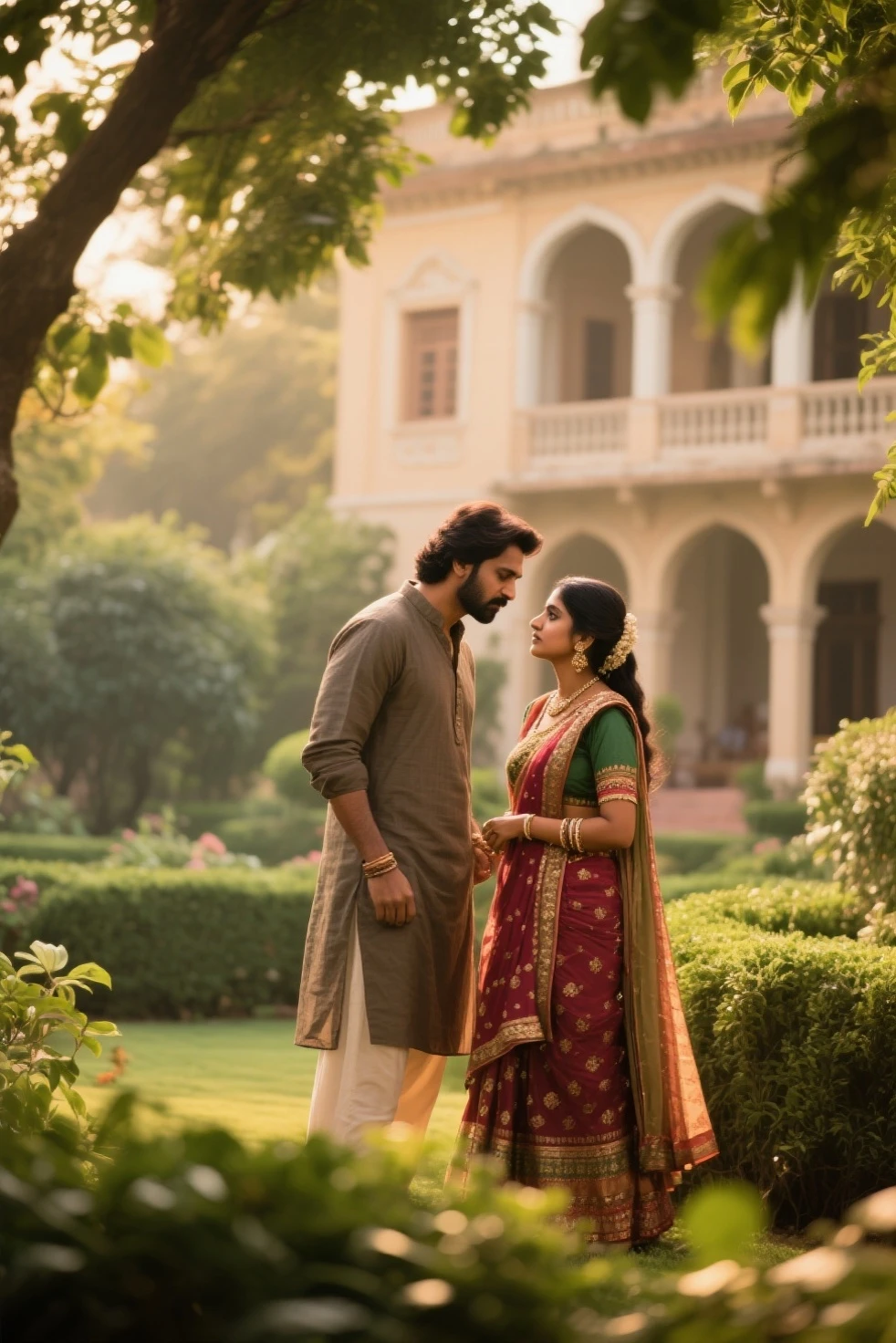 A scene where a thin boy of 22 years with light beard and thin hairs oblong sttucture thin face wearing glasses in white kurta teasing his wife of 19 years in green salwar suits in the middle of the garden of his mansion of white color