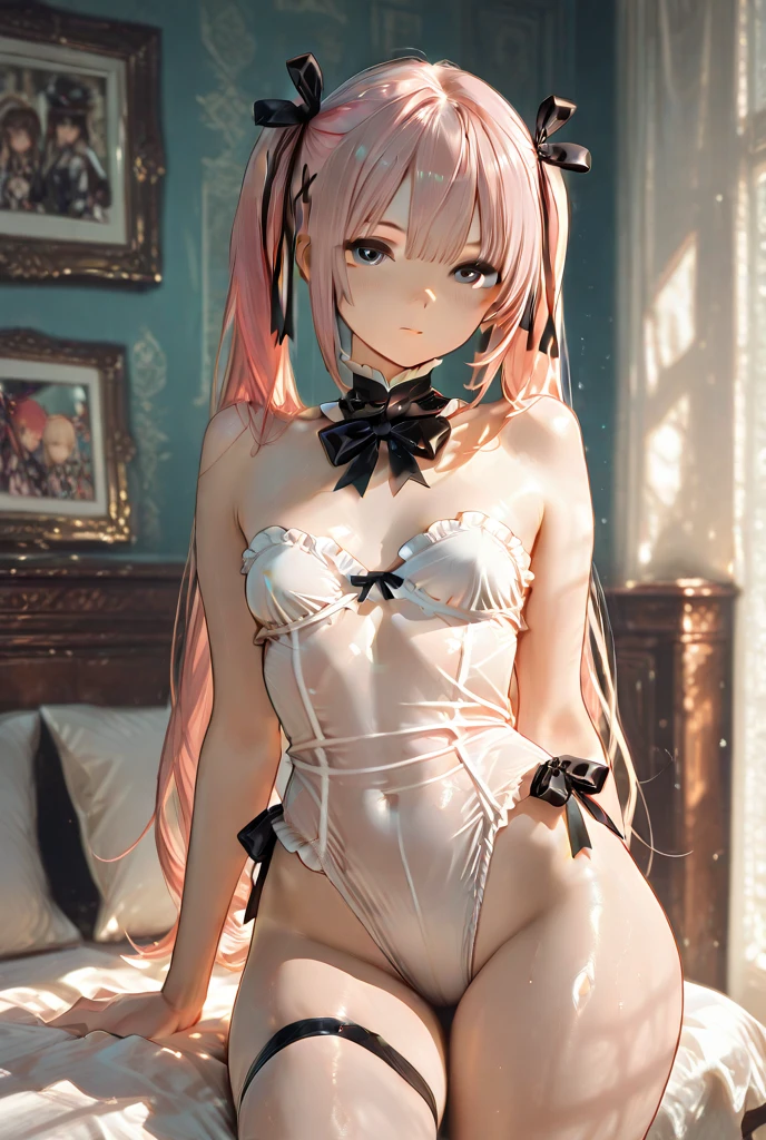 Very beautiful girl, See through,Beautiful and fair、Beautiful Skin、Glowing Skin, bright, Refreshing and gentle look, Perfect beautiful face、Beautiful shiny bangs, Small breasts,Lace dress,See through,,(((Sexy see-through lingerie for women,Shiny bodysuit,Smooth and silky clothing,Trimmed combination,Lace Stockings,Erotic leash,pajamas))),