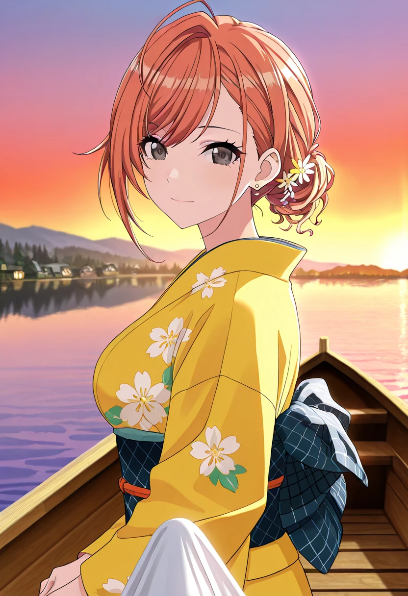 (masterpiece),(best quality),(ultra-detailed),(best illustration),(best shadow),(absurdres),(detailed background),(very aesthetic),arisugawa natsuha, 1girl, solo, orange hair, short hair, ahoge, swept bangs, black eyes, large breasts,anime screencap,yellow kimono, upper body, Patrinia scabiosifolia pattern kimono, from side, pov, light smile, A quiet fishing village bathed in the warm glow of sunset, Fading sunlight reflecting off calm river waters, Wooden boats moored at the shore, gently rocking, Thatched cottages and fishing nets drying in the breeze, Distant mountains silhouetted against the burning sky, A nostalgic, lonely atmosphere wrapped in golden light