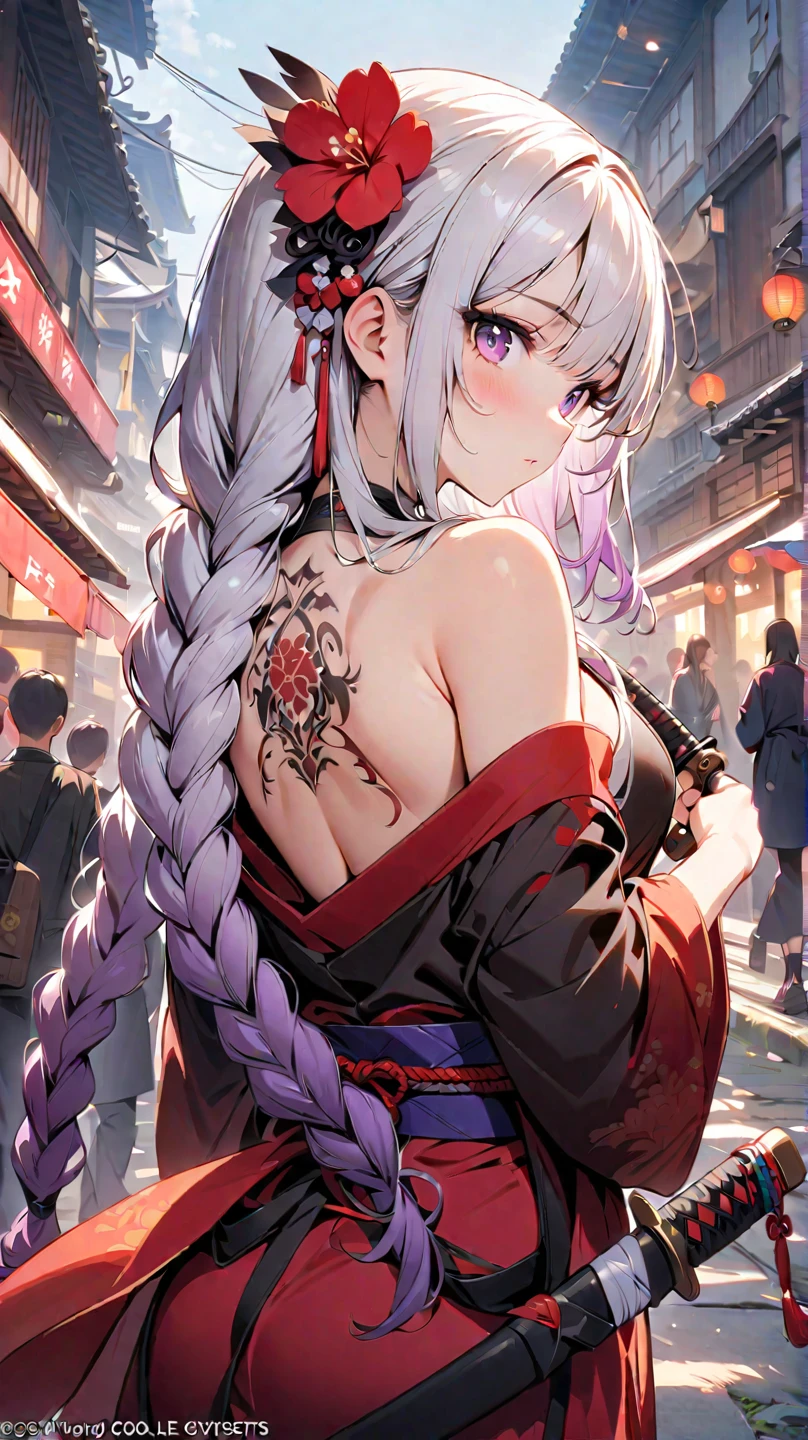 (masutepiece, of the highest quality, Best Quality, Official art, Beautiful and aesthetic:1.2), Extremely detailed,(Colorful:1.1),highest details, one arafed woman with braids white hair and pink tips and purple eyes, big breast, sfw, white crop top and leather mini skirt, night, big blue moon, japanese temple