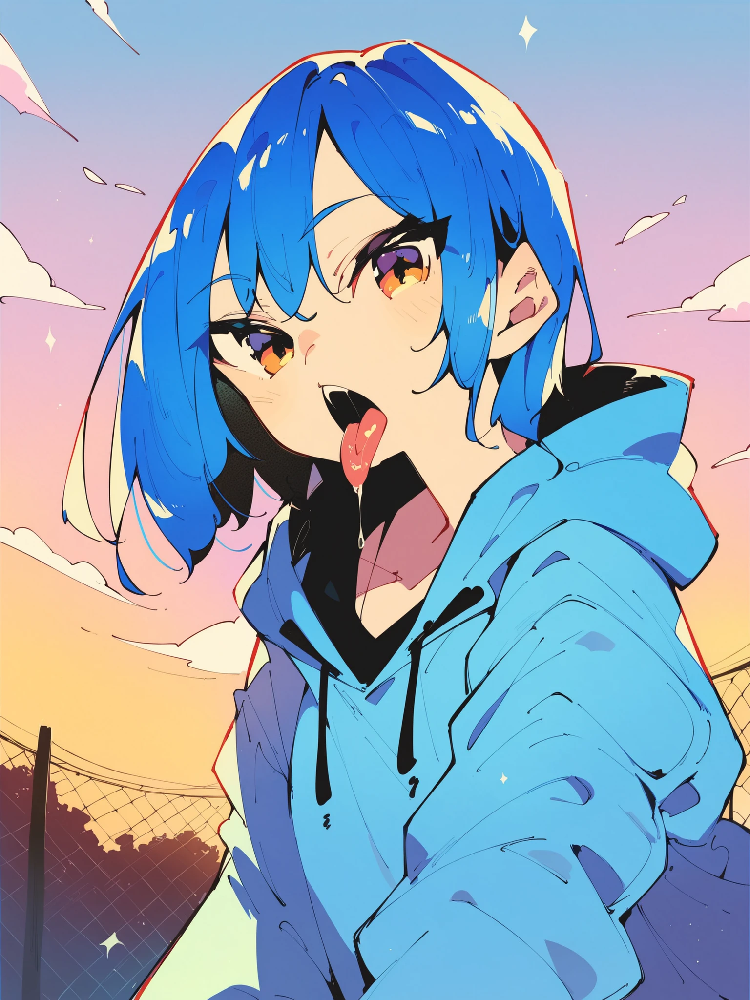 score_9, score_8_up, score_7_up,
1girl, blue hair, hoodie, looking at viewer, open mouth, tongue out, outdoors