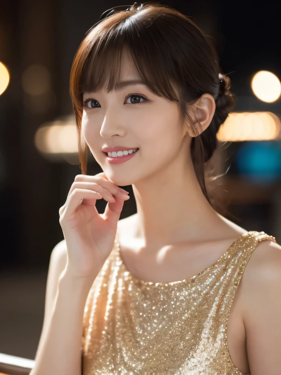 One Girl, (wearing an orange glitter dress:1.2), (RAW Photos, highest quality), (Realistic, Photorealistic:1.4), Tabletop, Very delicate and beautiful, Very detailed, 2k wallpaper, wonderful, In detail, Very detailedな CG Unity 8K 壁紙, Very detailedな, High resolution, Soft Light, Beautiful detailed girl, Very detailedな目と顔, Beautifully detailed nose, Beautiful fine details, Cinema Lighting, City lights at night, Amazing illumination, Perfect Anatomy, Slender body, small, smile