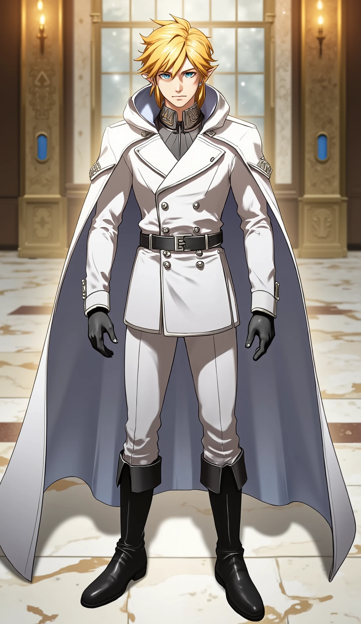 A male character, Link, approximately 26 years old, designed in anime and manga style. He wears a white uniform, featuring a double-breasted tailored coat with sharp lines and silver accents on the buttons and trim. A hood is attached to the coat, slightly pulled back to reveal his golden hair styled in a wolf cut, with short sides and back and layered, longer strands on top that frame his face. He smiles a little bit without loosing his dominant aura, looking inviting but tough. He wears black gloves.
His boots are dark black, polished, and styled like traditional military boots from the era. His posture is confident and composed, standing straight with a piercing gaze that conveys determination and inner strength. The overall atmosphere is serious and intimidating but the character is open for deeper connection if he deems you worthy. The background is a luxurious palace room with marble flooring and large windows.
Framed from below to project strength and domination.