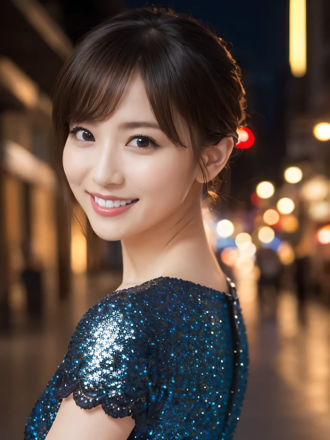 8k, Ultra-high resolution, Highest quality, masterpiece, 三分割法によるphotograph,Surreal, photograph, 1 , (:1.3), cute, cute顔, 細部までBeautiful Eyes, 細かくdetailedに,masterpiece,One Girl:1.2,Japanese women,Young Wife,cowboy shot,smile,Black hair,Bob with bangs,(Black lace evening dress:1.3),Pencil Skirt,bride,standing on a bridge,Buildings background,Woman Turning Around,Dazzling night view,(Beautiful attention to detail),Subtle details, detailedな顔, smile,attractive,(のポートレートphotograph:1.4),(Photorealistic images:1.4),Fantasy art,(Beautiful Face:1.4),美しくattractive目、Beautiful Eyes、(Tight waist:1.4)、(Beautiful with perfect body proportions:1.4),Pink Lips,Looking at the audience,(((Ideal body type))),A-cup small breasts :2,、Portraiture:2、Perfect Anatomy、鮮明なdetailed、detailed,Fashion magazine cover,Thin lips,完璧でBeautiful Face ,完璧でcute顔, Skin with attention to detail, Perfect limbs、Narrow waist,Surreal,Light and shadow,moonlight