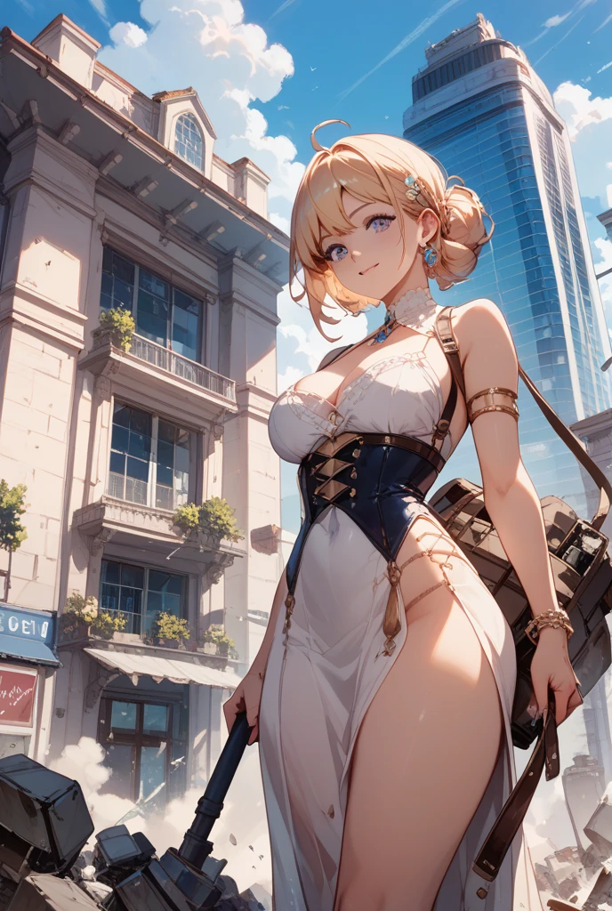 Valeria, a titanic 58-meter goddess, rises from a cliff at dawn, her bronze skin glistening in the first rays of the sun. Her golden, wavy hair cascades down her back and shoulders. Standing on a vast plain, her posture is firm and provocative, one leg slightly forward and one hand resting on her hip. Her piercing, lustful eyes watch the people at her feet, captivated by her magnetic presence. Her lips curl into a seductive smile and her divinely sculpted body exudes an aura of overwhelming eroticism, casting a spell of desire and adoration over all who gaze upon her.