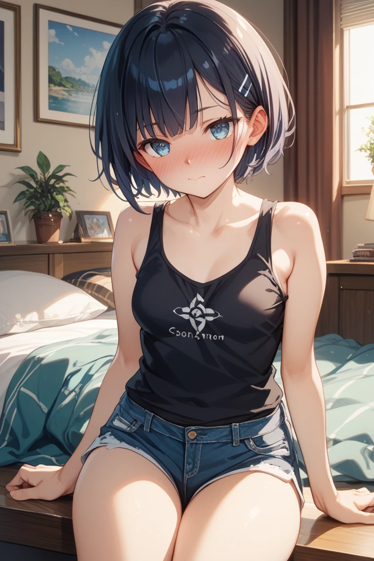 1girl, short black hair, blue eyes, wearing white crop tee, denim short, cafe, absurdres, high res, ultrasharp, 8k, masterpiece, looking at viewer