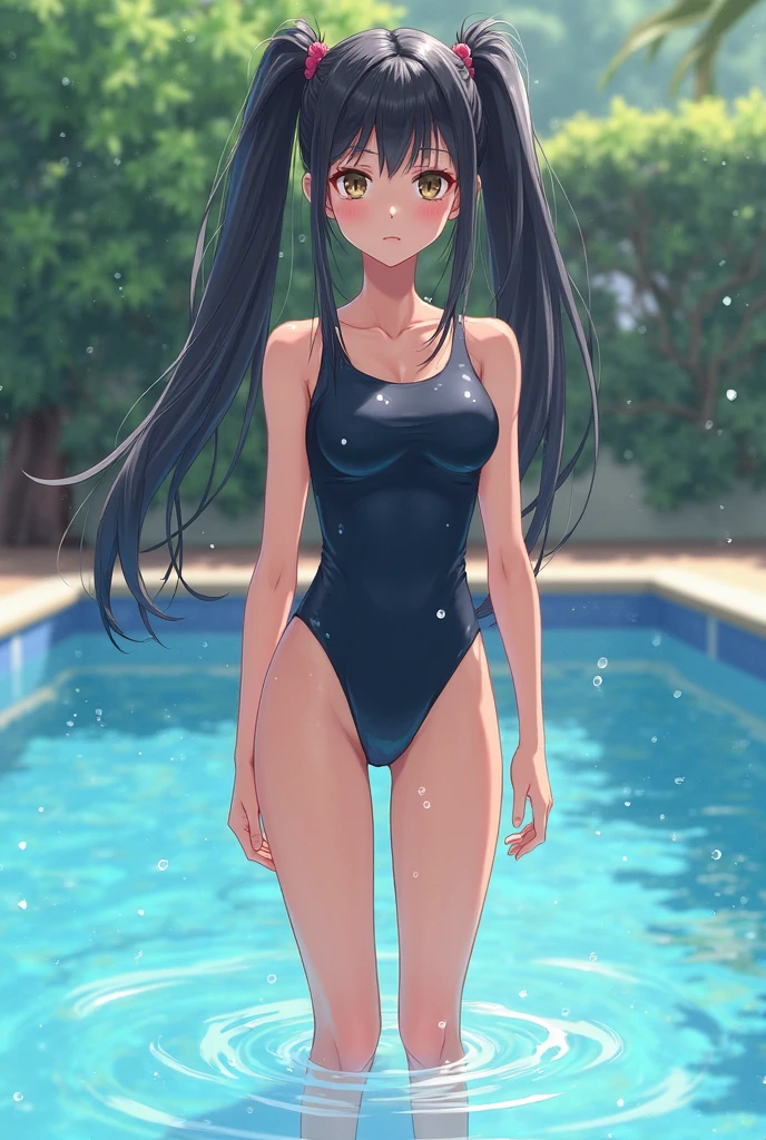 swimming pools、Black School Swimsuit、ssmile、embarrassed from、arms raised in air、Show the armpits、Wet armpits、Wet whole body、Detailed School Swimwear、cowboy shot、8K,masterpiece, Medium、(1girl in)、Red_Eyes、Black hair、Long hair、Professional Lighting、(shinny skin:1.2)、 ((top-quality))、 Crisp focus:1.2、Highly detailed facial and skin texture、A detailed eye、face perfect、perfect bodies、Blur the background、20yr old,Mature cool and beautiful face