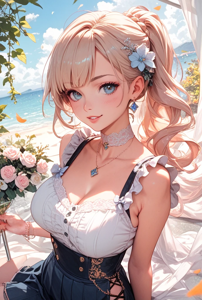 ((highest quality)), ((masterpiece)), (get used to it), perfect face , beautiful girl , long hair of beautiful golden color , beautiful blue eyes , In underwear , Blue roses scattered , lie on the bed ,