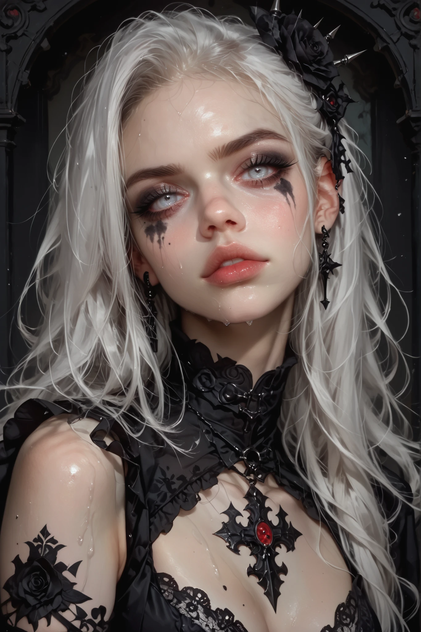 fantasy, vicious , girl with grey long hair, hair ornament,  cold look , Smooth, shiny hair,  in gothic lingerie, white eyes,  magical gaze , Gothic, gloomy light ,  look from under your brow ,  frowned , head tilt, hunts,  interest, gaze, drawings on face,  pale porcelain skin , points a finger at the viewer
