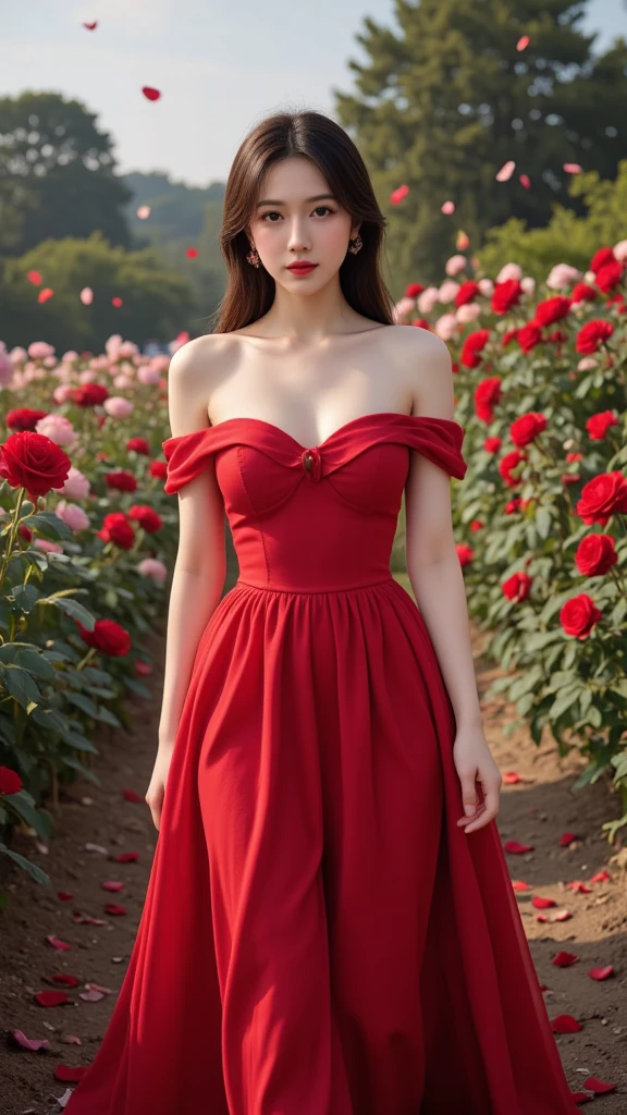 (beautiful and magnificent skyline, magnificent sky), (great tension and dramatic picture, moving visuals), (hanging north star, colorful natural light), realistic, masterpiece, best quality, (very detailed CG Unity 8k wallpaper) (best quality), (best illustration), (best shadow of nature', city by the sea, delicate leaves of various colors falling in the air light, tracking, full legs, pink dress, red long dress, light blue sunglasses, gold piercing, Colorful sneakers, super detailed --v6