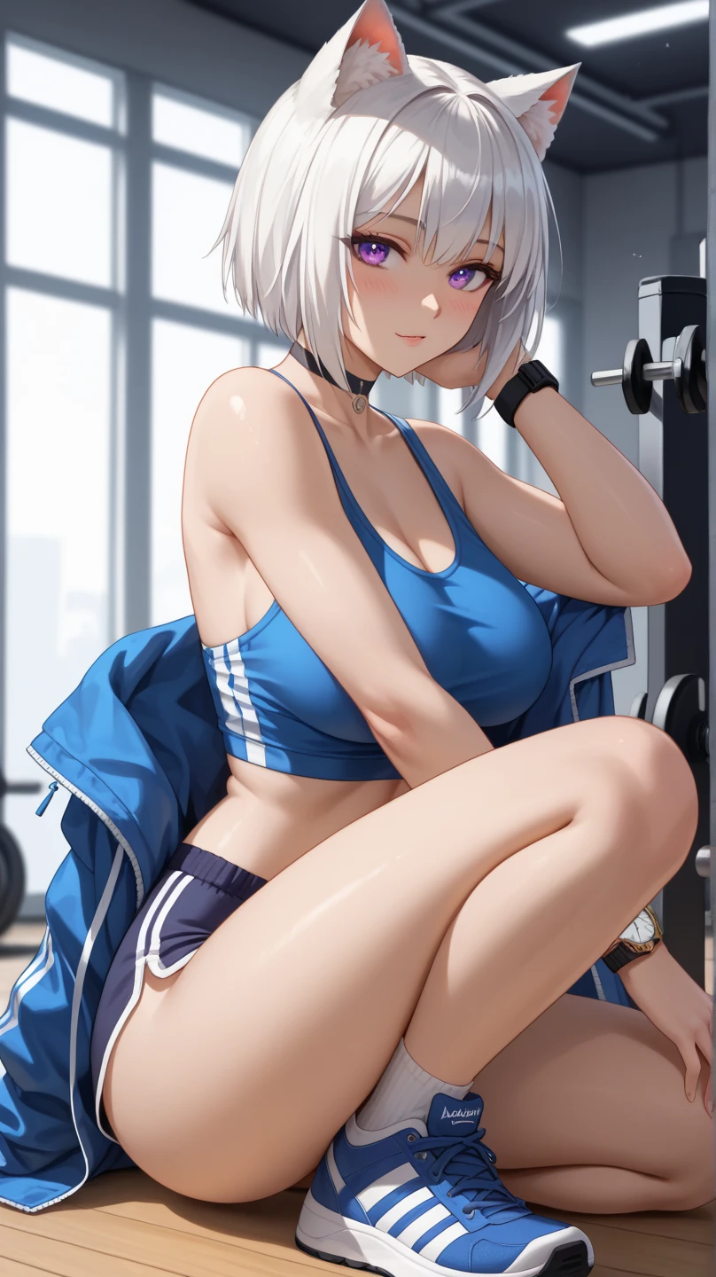 masterpiece,Top image quality,hight resolution,imagem 4k,Raw photo,Photorealsitic,{Solo},teens girl,silber hair,Bery short hair,stare at each other,Blue eyes,小柄,Silver fox ears,Fox tail,on the beds,shrine maiden,,boyish,,Wet、small tits,Sportsbra,undergarment