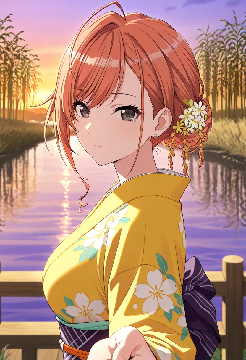 (masterpiece),(best quality),(ultra-detailed),(best illustration),(best shadow),(absurdres),(detailed background),(very aesthetic),arisugawa natsuha, 1girl, solo, orange hair, short hair, ahoge, swept bangs, black eyes, large breasts,anime screencap,yellow kimono, upper body, Patrinia scabiosifolia pattern kimono, from side, pov, light smile, A sailboat returning from the distant river at twilight, The orange and purple hues of the setting sun reflected on the water, Silhouettes of sails approaching the misty shoreline, Gentle waves lapping against the riverbank, Sparse reeds and willow trees swaying softly in the dusk breeze, A tranquil and nostalgic mood, capturing the end of a day's journey