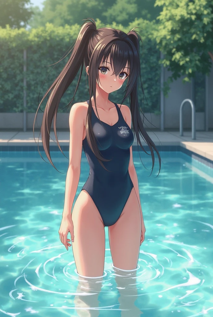 ((masterpiece、4K、8K、highest quality: 1.perfect fingers: 1.perfect anatomy: 1.3、background blur))、((Ultra-detailed facial expressions))、((gym uniform tops、one piece swimsuit、barefoot))、((、slender、small face、super beautiful girl、brown hair、straight long hair))、beautiful eyes:1.1、happy smile、(full body display、side view、physical education sitting)、blue sky、School、Poolside、