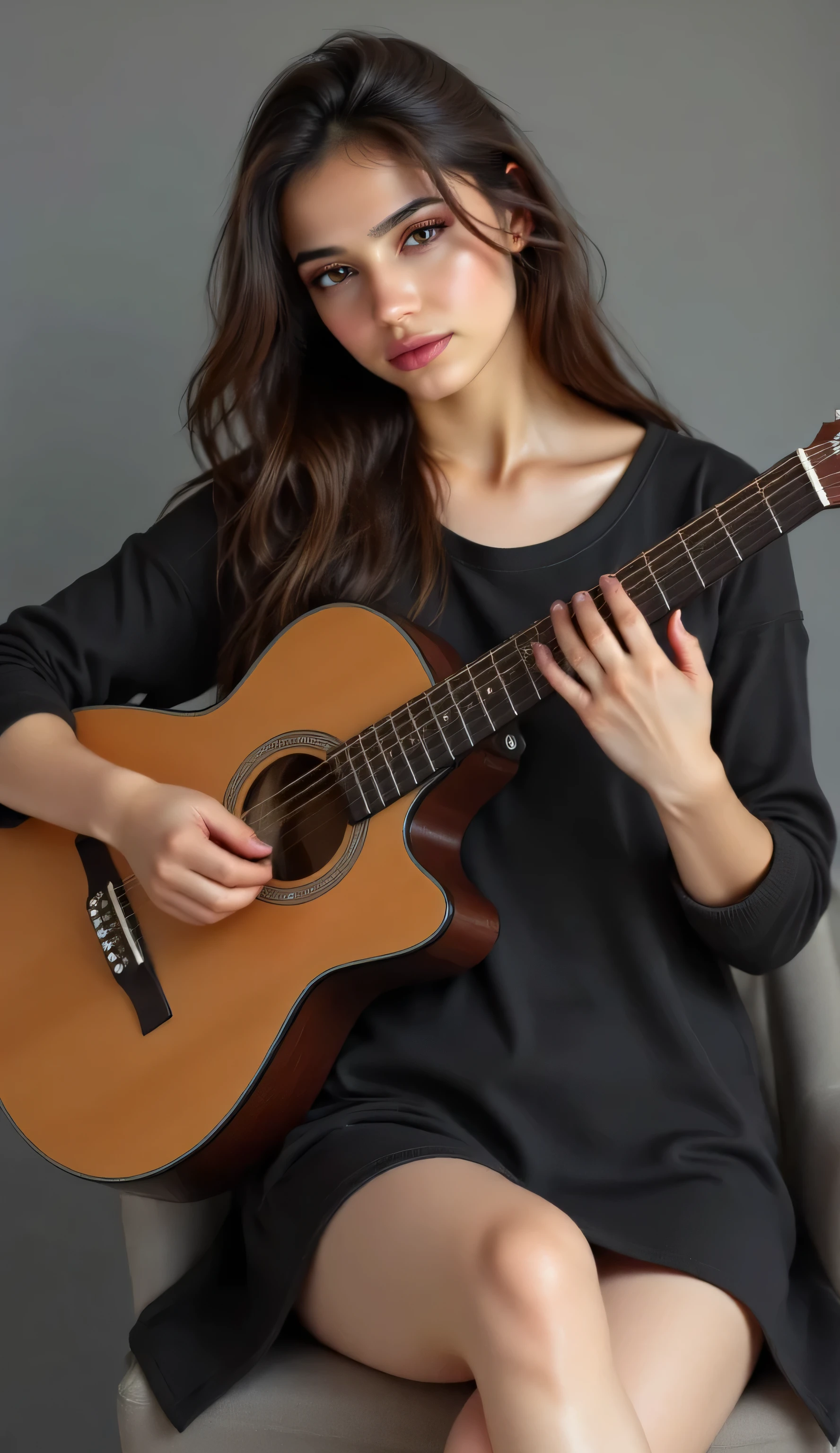 a beautiful girl in black cloth is sitting on chair, and playing guitar