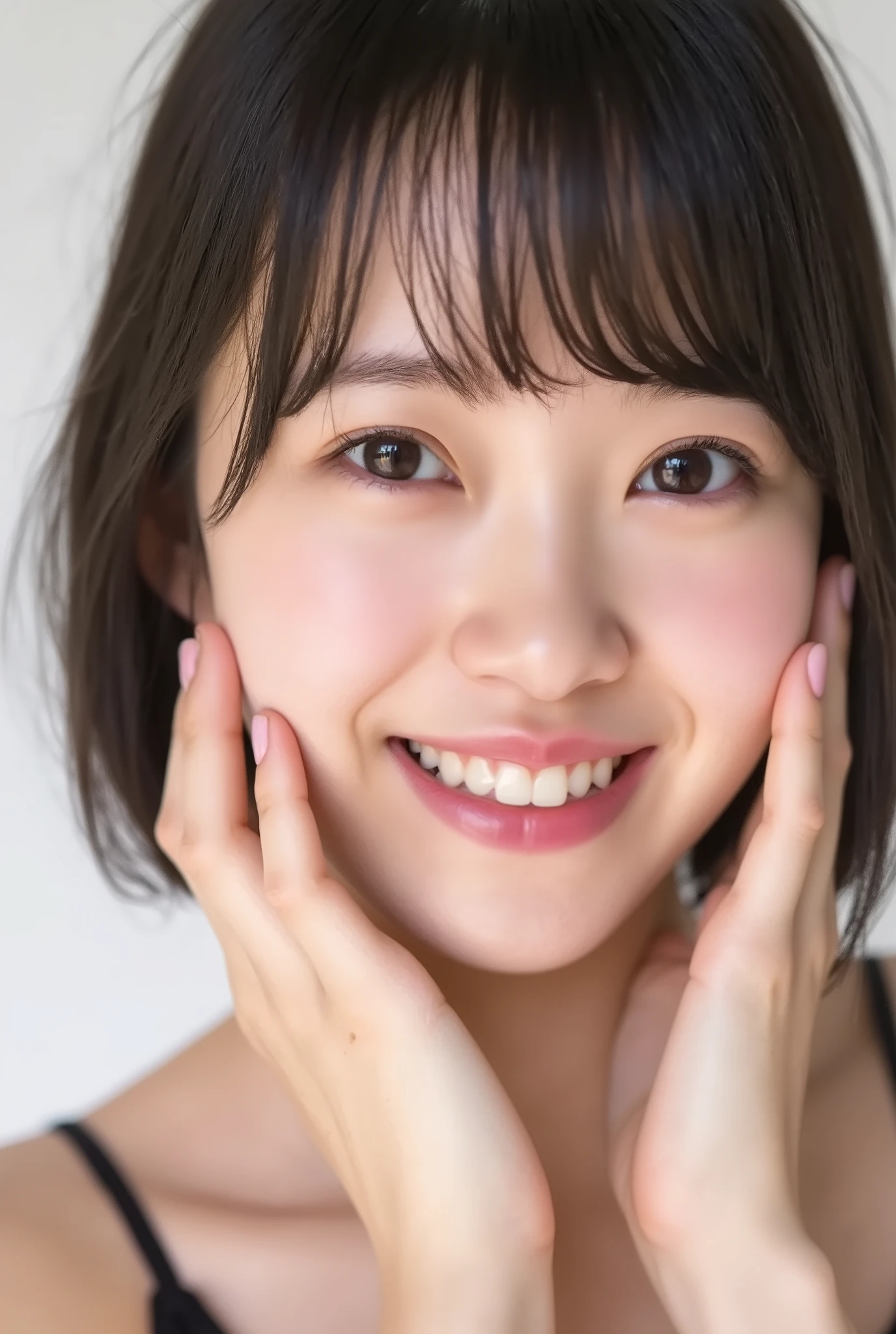 extreme close-up portrait, beautiful girl with her love-struck, radiant face filling the entire frame (95% face ratio), gently placing both open hands on her flushed cheeks with soft fingers, soft black camisole, white blurred background, eyes dreamy and half-lidded, deeply adoring gaze fixed straight at the viewer, irises ultra-detailed with intricate rainbow reflections and glowing catchlights, moist and sparkling eyes as if about to tear up from overwhelming joy, soft melting smile revealing slightly parted lips and upper teeth, skin with visible soft pores, realistic skin texture with warm lighting and subtle shadows, delicate eyelashes, glossy lips with natural highlights, cheeks glowing with deep blush, cinematic soft lighting, lifelike expression full of romantic euphoria, overflowing with happiness, warmth, and pure affection, subtly tilting her head as if whispering a name in total bliss, ultra photorealistic, masterpiece, 8K, hyperreal detail, skin pores, detailed iris texture, cinematic mood