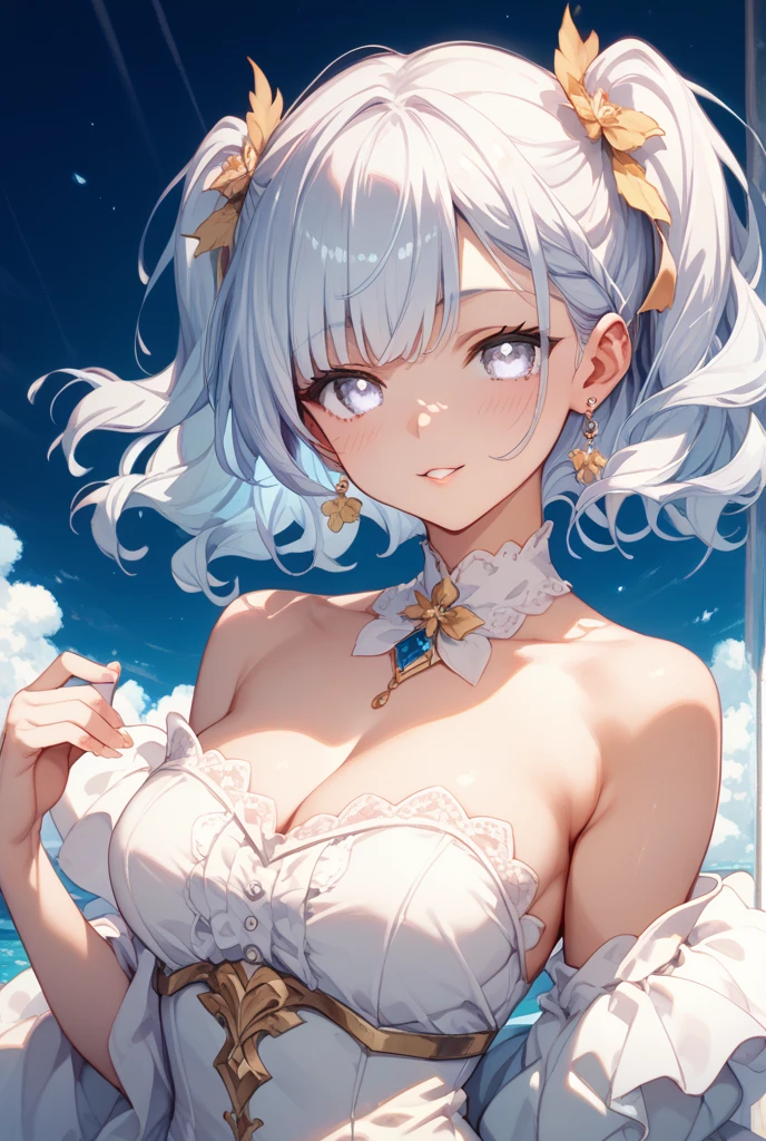 best quality, 32k, RAW photo, incredibly absurdres, extremely detailed, delicate texture, 18 years old cute girl, (close one eye:1.3), happy, shy, smile, iridescent platinum-silver messy pixie cut hair, side braided, wearing dress with corset and ruffled long skirt, superlative body proportion