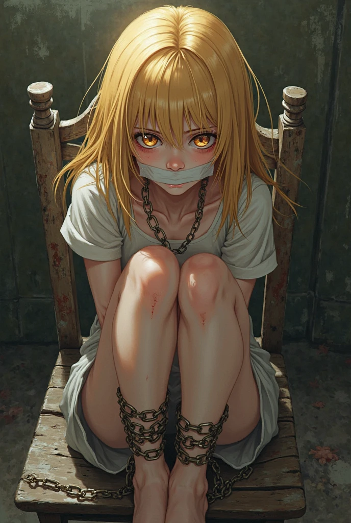 ((A sad anime girl with long yellow hair, her mouth covered with a light brown band, her cheeks flushed, her hands tied behind her back with a rope, sitting with her knees bent, her breasts tied with rope at the top and bottom.          