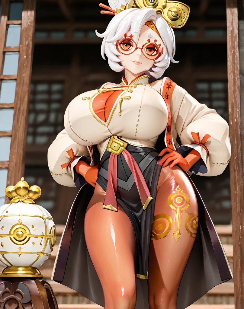 figure of, purah, white hair ,aura red glasses, hair ornament, red eyes, earrings ,lipstick, eye shadow , dark purple bikini, Mage (bikini warriors) ,black thigh-high boots, black elbow gloves,
