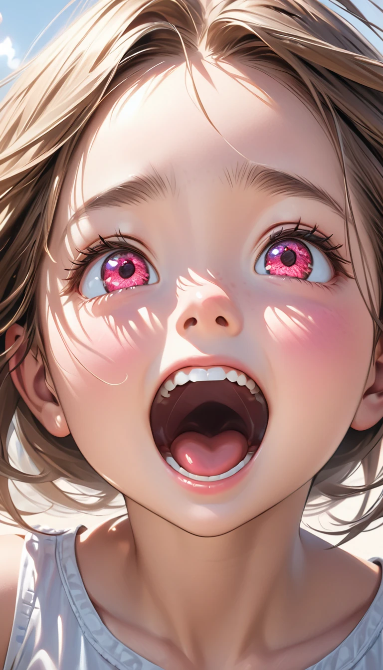 6 year old Japanese girl,Heart Eyes,Close-up naked upper body, open mouth, drool, tongue out, cum in mouth, orgasm face, excited face'Eyes wearing silver-white mirrored lens sunglasses、I looked at the world reflected in the lenses of my sunglasses...(Side Pony,Colorful Hair),