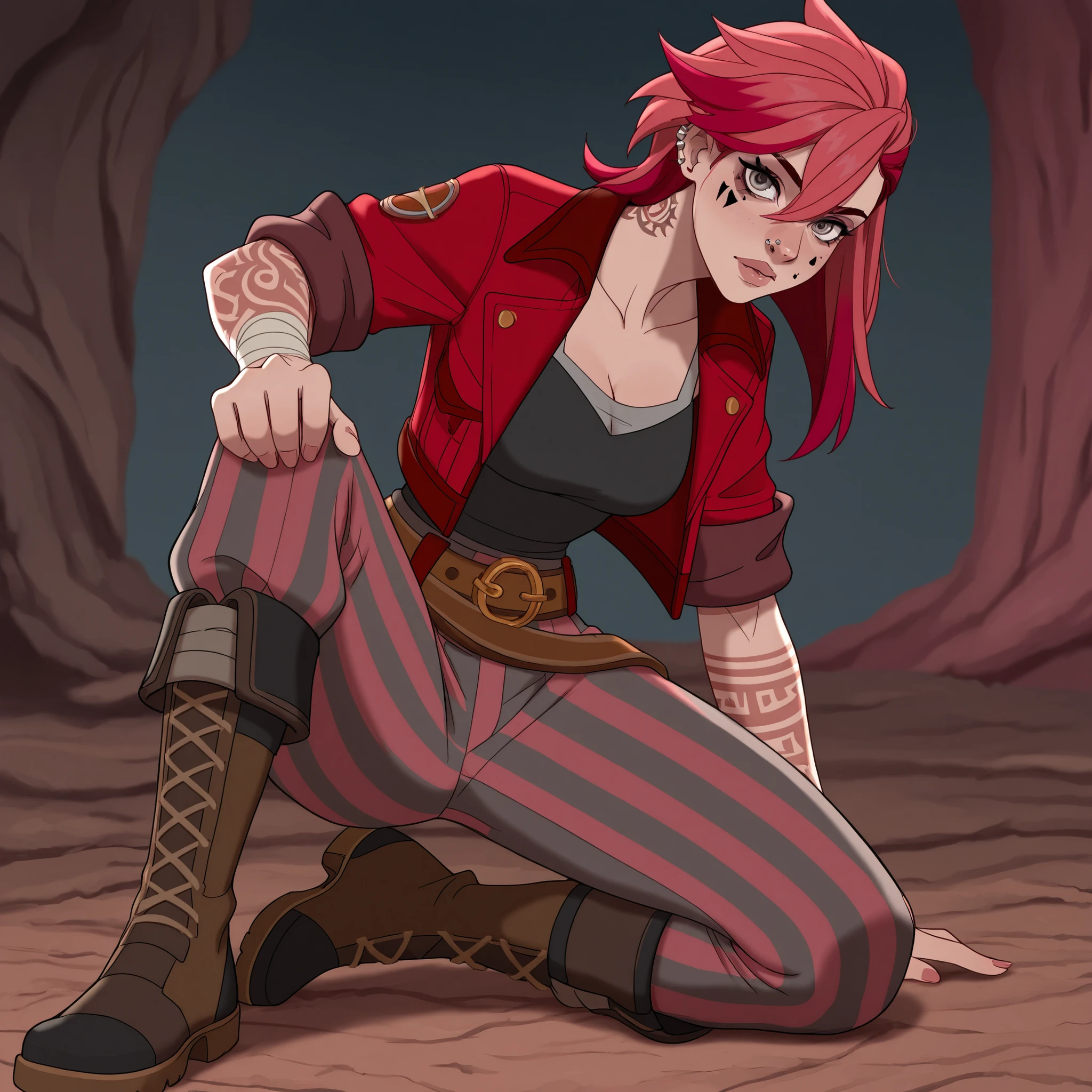masterpiece, best quality, DisneyClassics disney red jacket, armbands, grey and black tank top, striped pants, belt, tattoo on arms, boots
1girl, gray-blue eyes, v1, red-pink hair, tattoo on the face, nose piercing, tattoo on the neck, earrings