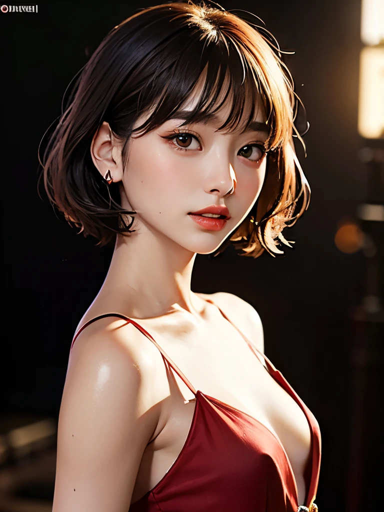 A beautiful woman with a delicate body、Light light on the face、The upper part of the body、Brown Bob hair、perm、耳Nipple Ring、Actress Wright、her、high-necked、tightsuit、ssee-through、Inner inventory