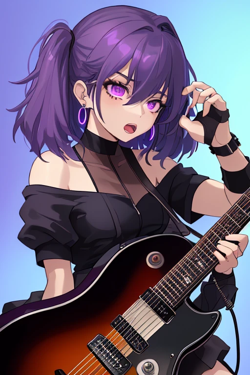 void fires, gothic stage, music stage, outside, dark night, just the stage, purple black hair, purple eyes, large breast, singing, perfect hands, perfect eyes, expressive eyes, four fingers,