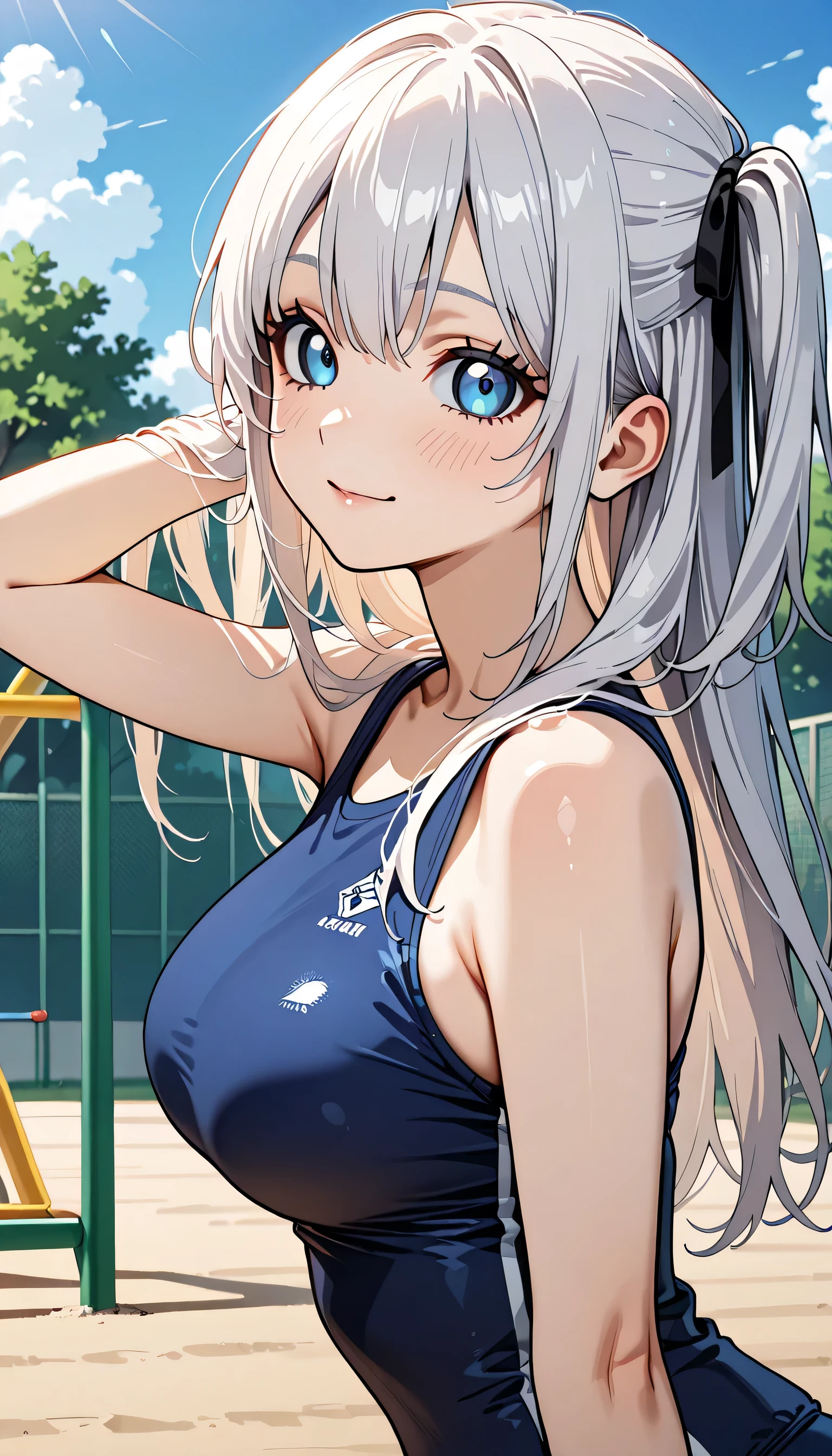((Best Quality)), (ultra-detailliert), ((Extremely detailed)), (Beautiful), ((Kawaii Girl)),  ((UHD)), (masterpiece), (high quality), (best quality), (4K), (high quality), 1, solo girl, 1girl, ((platinum blond hair)), parted bangs, ((hair intakes)), long hair, (hair two side up long), ((jade colored eyes)), slanted eyes, medium breasts, slender body, competition swimsuit, bedroom, anime, ;D, spread regs,( zoom up pussy)