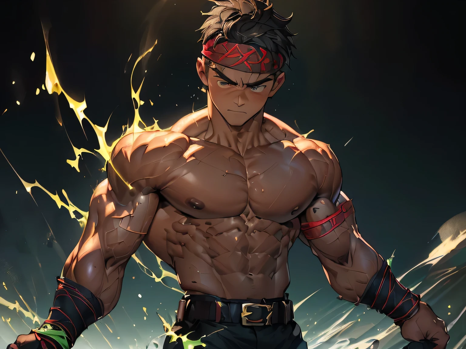 (((masterpiece, best quality, dynamic angle, dynamic pose, acrobatic pose))), (((((Black Background, Dark night, (Depth of field:1.2), steam, arched back, upper body, relax, uppercut, arched back, Standing in honor, Fist bump, reaching out, one hand on hip))))), (1 boy, Young guy, muscler, Shirtless, topless), ((((Wounded, exhausted, 1boy, solo, tough, reliable)))), (Dark Short straight hair, ((almost completely shaved hair)), under cut, Glossy skin), (((red headband, black wristband, belt, boots))), Vivid colors, ((big breast, big shoulder, muscular body, sturdy body, defined round and fleshy pecs, defined round and fleshy ABS, defined round and fleshy armsmuscular, well-defined muscles, developed body, toned body, shouldermuscler)), muscler!, muscler body, detailed face, detailed muscle, (((rippling muscles, Flowing energy, wearing power of his aura, his arms charging power, Highlight his aura, green aura effect, wearing energy stream, athretic body, random fighting pose:1.2)))