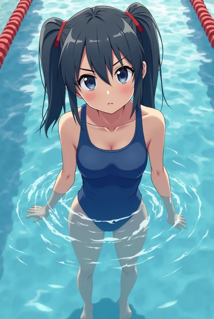 Anime girl, girl in the pool, girl in a blue swimsuit, pissing, pissing herself, pissing bright yellow urine, bright yellow urine gets into the pool, bright yellow urine dissolves in the pool