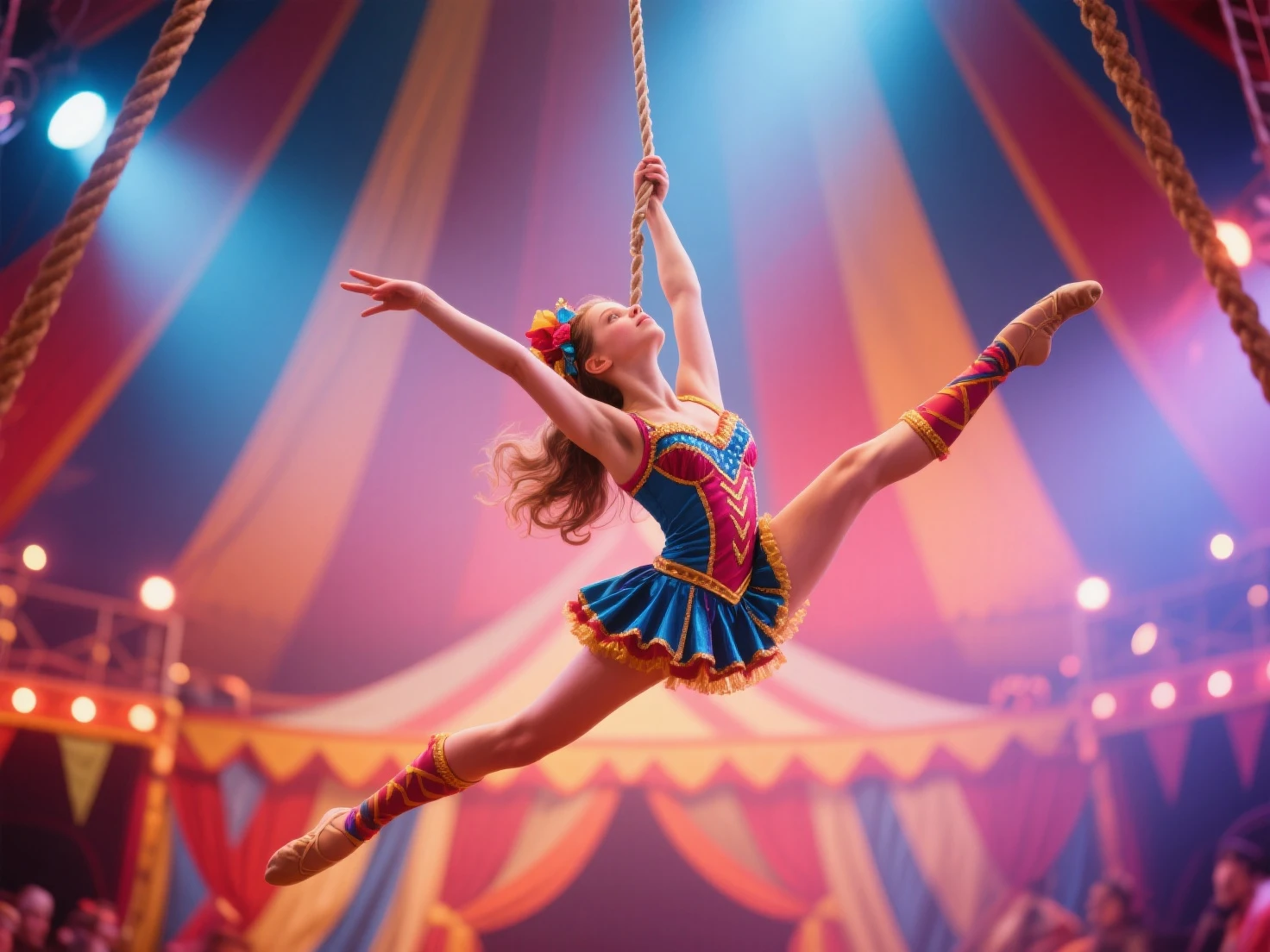 A girl giving a show in an 18th century circus. The circus is freaky, full of people. The girl has very long hair that reaches to her feet.