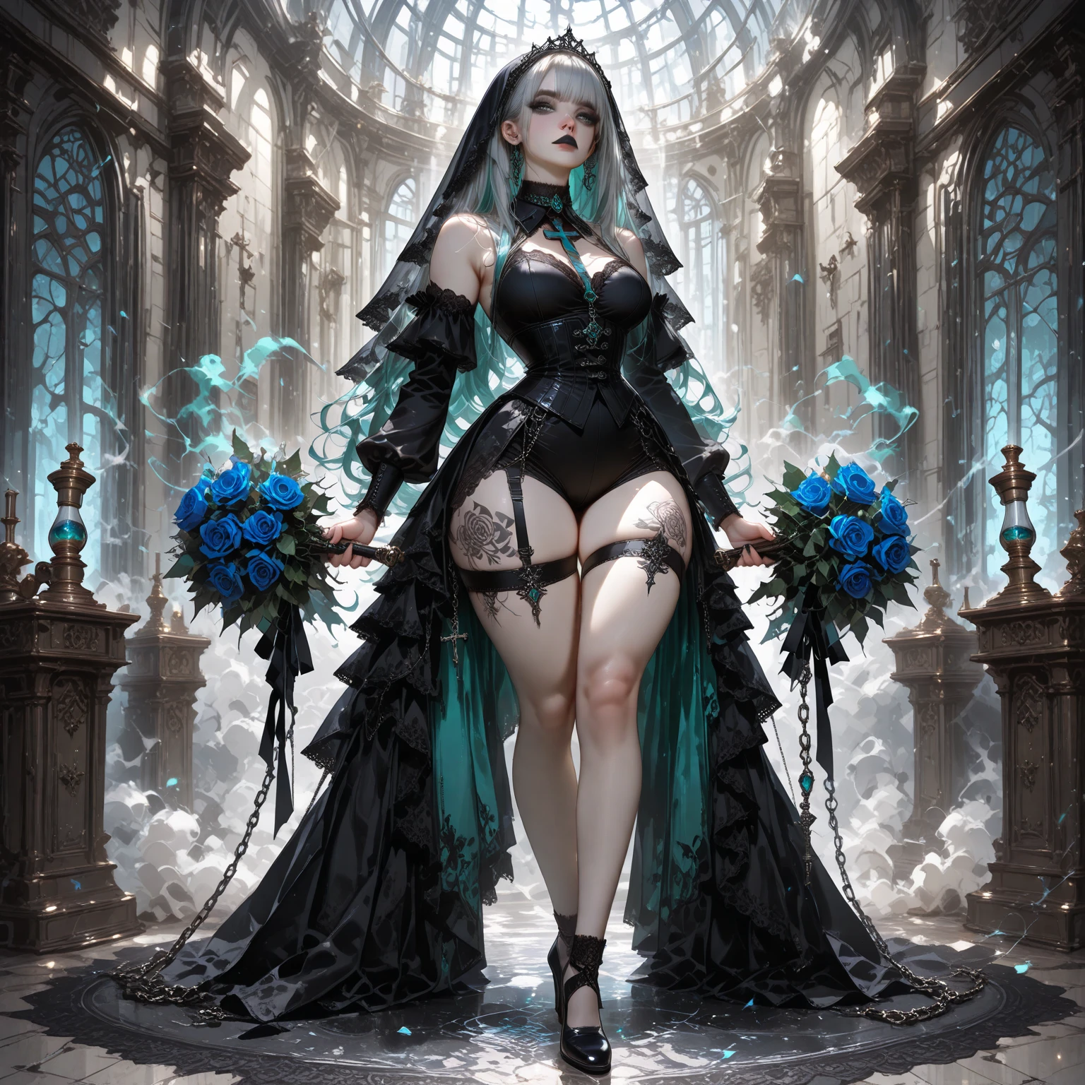 ((Full body photo, standing)). Laura/woman big breasts, ((wearing black maid's clothes with white parts and maid's headdress on her head)), she is inside a cemetery at night is raining hard, her (head/clothes/body soaked in water), she is smiling, in fighting position, fists closed, has (blue hair:1.2) and (green eyes:1.2), (extremely tight clothing on the body),  Mortal Kombat, anime, framed, symmetry, 16k, best quality, super detail, textured skin, UHD