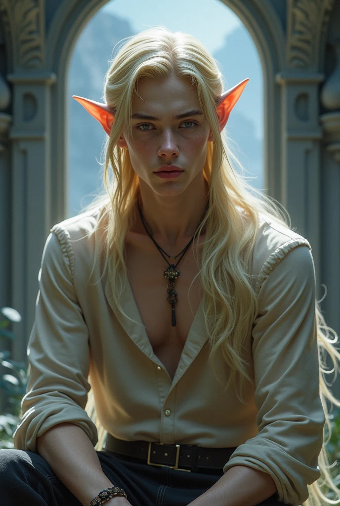 (photorealism:1.2), beautiful man, elf, green eyes, blonde hair, shirtless, tight pants, long straight hair, indoors, lighting room, magic in the background, cozy room, candles, sexy pose, realistic, intricate details, warm colors, hot.