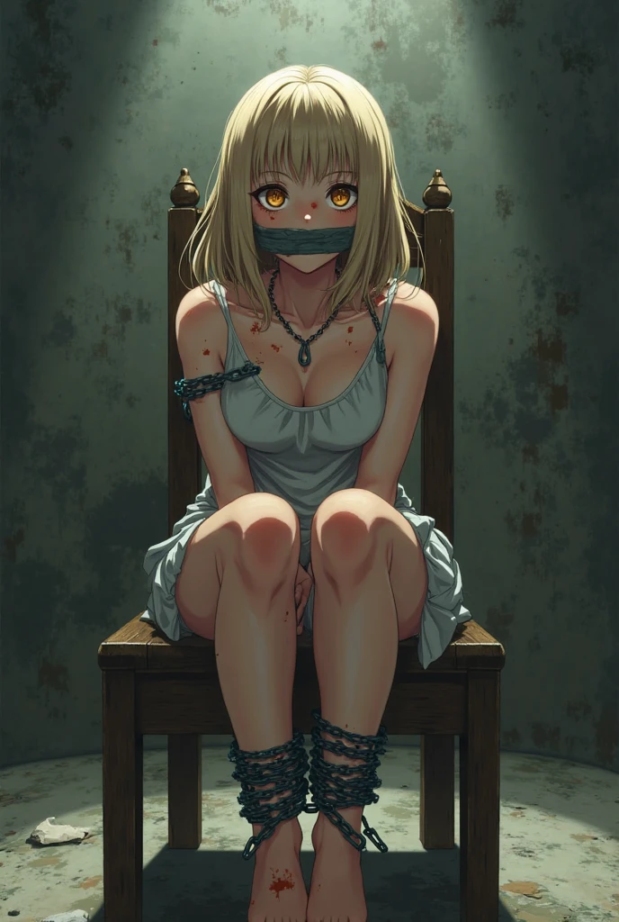 ((1 girl)), ((sitting on chair)), ((rope bondage)), ((arms behind back)), ((fully bound)), (restrained tightly), ((helpless)), (Red dress, tights socks), ((blushing))