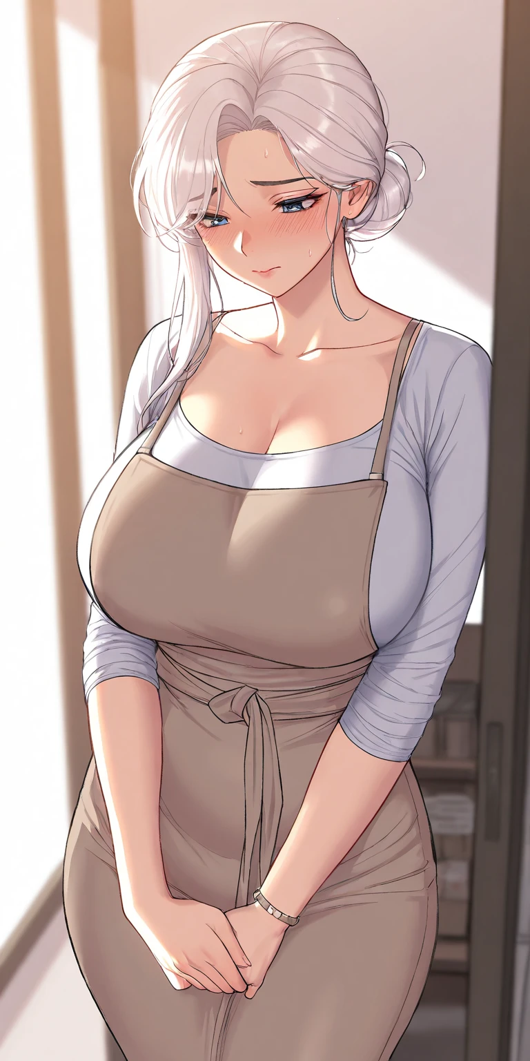 standing, solo, 1girl, mature female, naked apron, coffee apron, sideboob, large breasts, areola slip, cleavage, leaning forward, hanging breasts, curvy, hands on table, arms down, looking at viewer, blush, parted lips, light smile, long hair