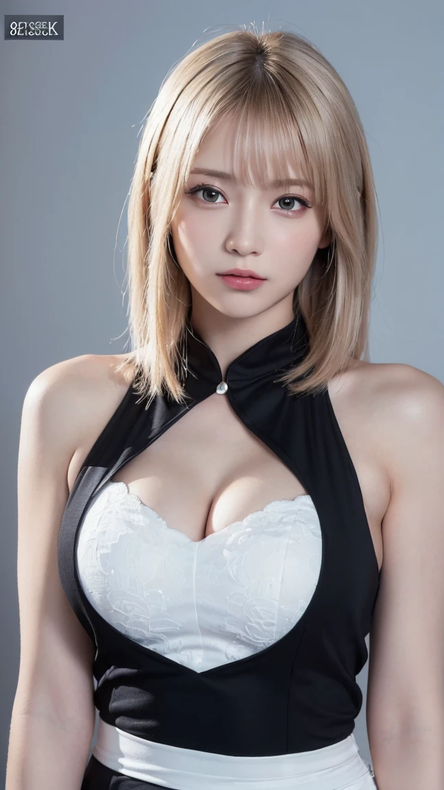(((masterpiece))), Ultra-high resolution, (8K), (((Looks super realistic))), Highest quality, Ultra fine, ((Anatomically correct)), Cinematic lighting, (Super beautiful sexy 29 year old woman), ((Only one person)), Oval Face, Beautiful Face, smirk, Natural Makeup, Detailed big eyes, double eyelid, Detailed eyebrows, Thick lips, ((Short hair:1.3)), ((White Blonde hair color:1.3)), Detailed skin texture, Glowing Skin, (Alluring large breasts:1.3), Perfect and beautiful body, Seductive big ass, Detailed and perfectly fitted outfit, (((A captivating dress made of black silk fabric with a cool pattern.))), Gorgeous Earrings, Gorgeous Necklace, Gorgeous Accessories,