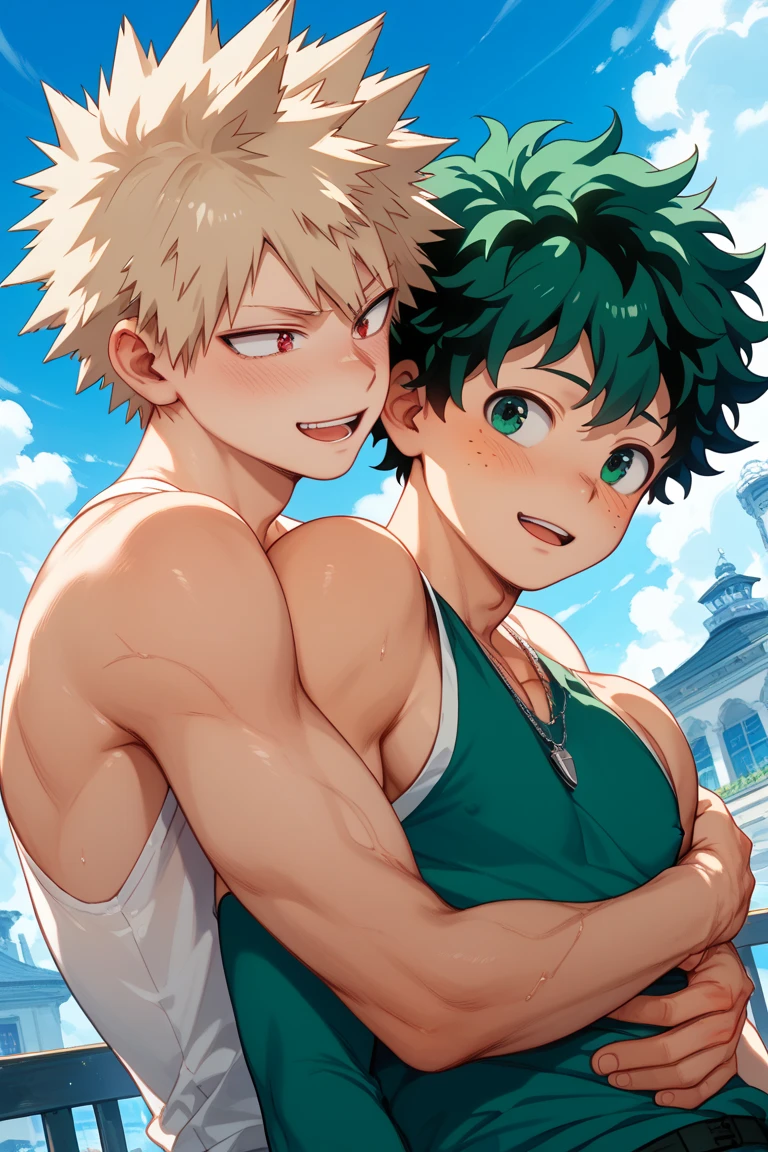 2boys, full body, male focus, muscular male, best quality, amazing quality, best aesthetic, absurdres, at the beach, gay couple, official style, year 2023, game cg, looking at viewer, happy, looking at viewer, together on picture, yaoi, gay couple, emphasizing the extraordinary size of pregnant belly, pregnant belly, wet with milk dripping, (bakugou katsuki), Flame Hero: Endeavor, boku no hero academia, nipples, arms back of head, wearing black short underwear, grin.