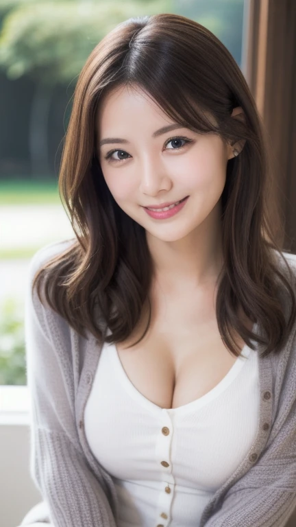masutepiece, Best Quality, Illustration, Ultra-detailed, finely detail, hight resolution, in 8K, Perfect dynamic composition, Beautiful detailed eyes, Women's Fashion Summer,Medium Hair,Colossal tits、Tight clothes、Natural Color Lip, Bold sexy poses,Smile,、20 years girl、Cute、Sexy shot looking at camera、Clothes with Cleavage View、Bedroom background