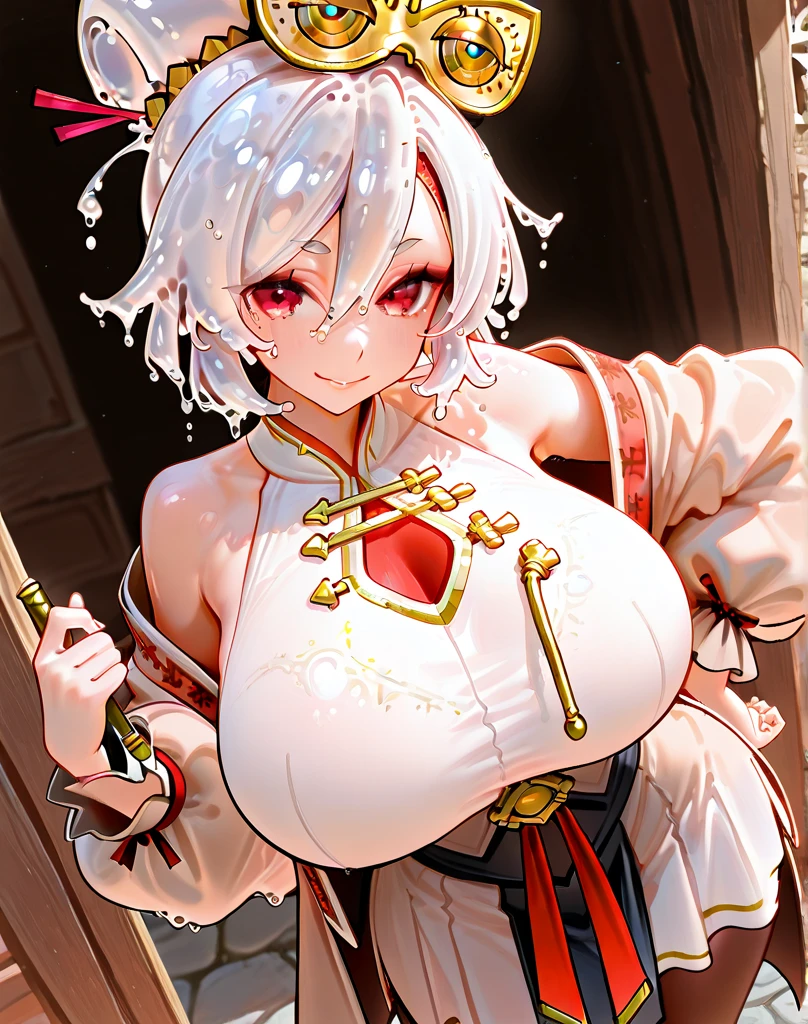 (Masterpiece, High Quality, Top quality, High-Detailed, Detailed CG, Cinematic Shadow, Cinematic Scene, Beautiful Detailed Eyes, Ultra Resolution, Depth of Field), Looking At The Audience, Looking At Below, (Blush Expression:1.2), (Angry Expression:1.2), (Erotic Expression:1.0), Blue Eye, Silver Hair, White Hair, Short Hair, Five Fingers, Good Composition, Bare Shoulder, (Chinese Dress:1.0), ()Short-Skirt Chinese Dress:0.7), (Short Skirt:1.2), Thicc Thighs, Thick, Large Breasts, Huge Breast, Holding a Plate, Dark Background, Blur Background, Castle Background, European Building Background