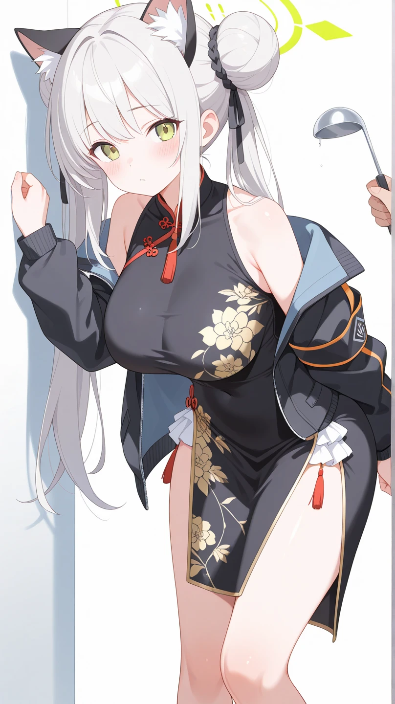 (masterpiece, best quality:1.5), (ultra detailed, high resolution, 8k, beautiful detailed, UHD, best anatomy), 1 cute girl, white hair, medium breasts, Women's Hakama, Japanese Samurai, Japanese sword, sword dance,