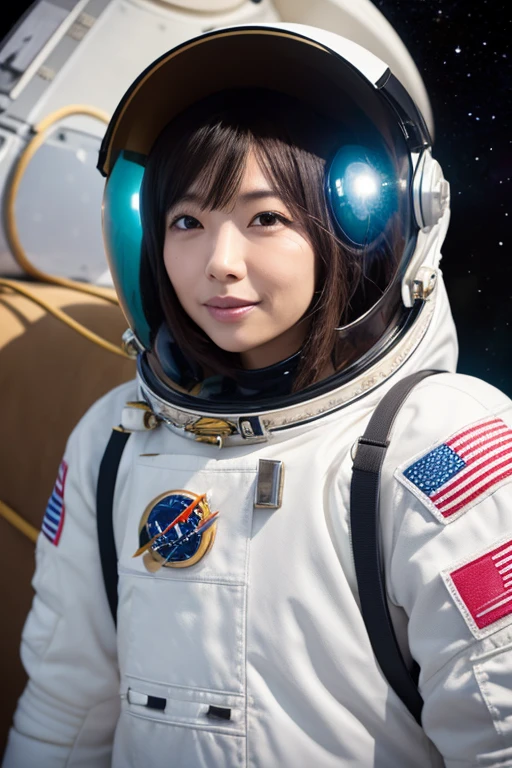 a woman wearing an (astronaut) suit with NASA written on it, best quality, upper body, nikon d850 film stock photograph 4 kodak 400 camera f1.6 lens rich colors hyper realistic lifelike texture natural lighting trending on artstation cinestill 800, (100mm lens), mature face, (brown hair),