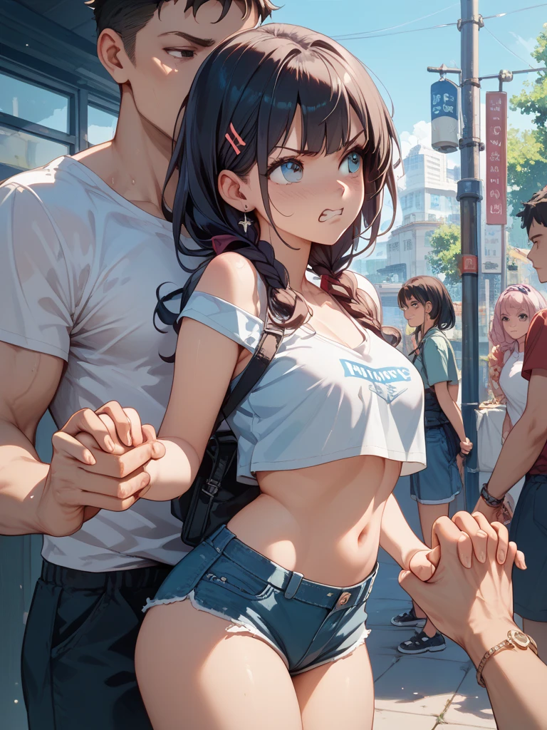 (SFW), ((photorealistic)), (masterpiece), (best quality:1.3), absurdness, [:intricate details1.3], SFW, realistic, masterpiece, (((VERY crowded subway train interior detailed scenario, VERY crowded subway train interior detailed background))), standing insanely hot (young small girl1) using sexy ((skirt)), ((behind skirt lifted)), ((3/4 white stockings)), ((big ass)), ((thick thighs)), ((fear expression)), (blushed face), (perfect body proportions)), old small man ass groping young small girl 1 from behind, (((old small man pressing his chest on young woman 1 back))) and (((holding her waist behind her)))
