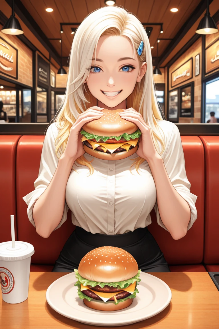 American woman in bikini and shirt making oversized burger　Blonde