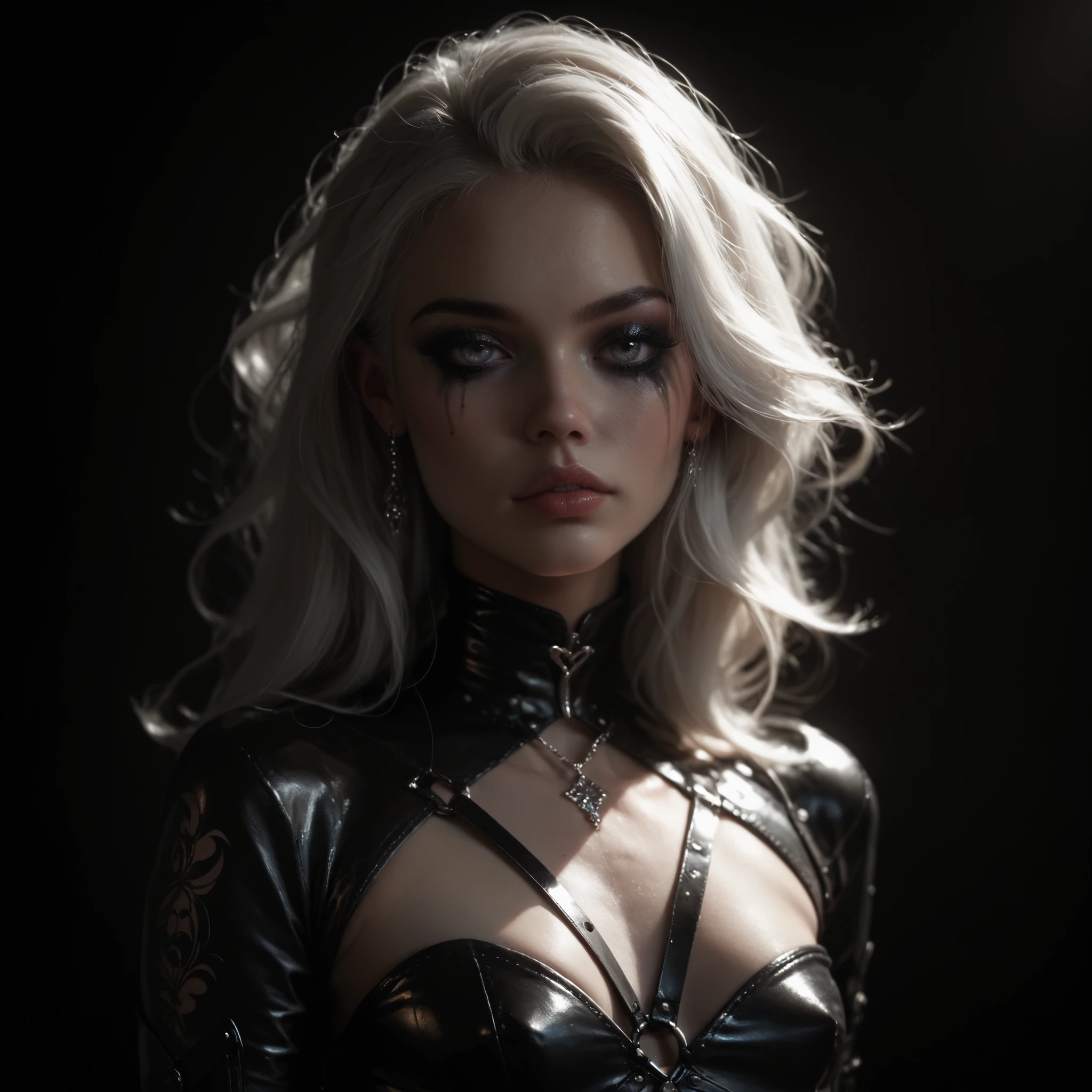 Beautiful girl, pale skin, white hair, grey eyes, clear makeup, small breasts, in sexy leather clothes