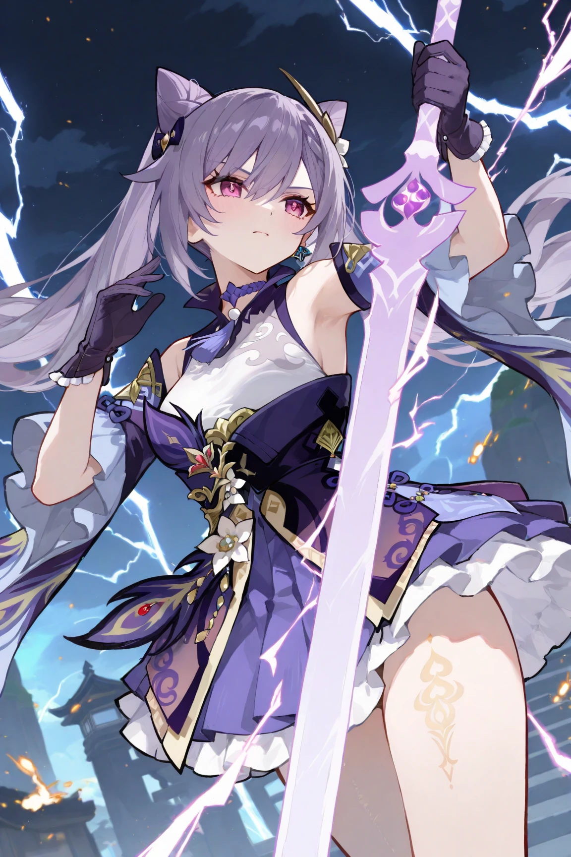 <lora:LightingVFX:0.2> keqing \(genshin impact\), twintail, purple hair, absurdres, 1girl surrounded by purple ligthing, purple lighting glowing , purple lighting intricate:1.2, (tiny spark purple lighting:0.5), intricate line of purple lightning, bloom, particle purple lighting, purple particle glow