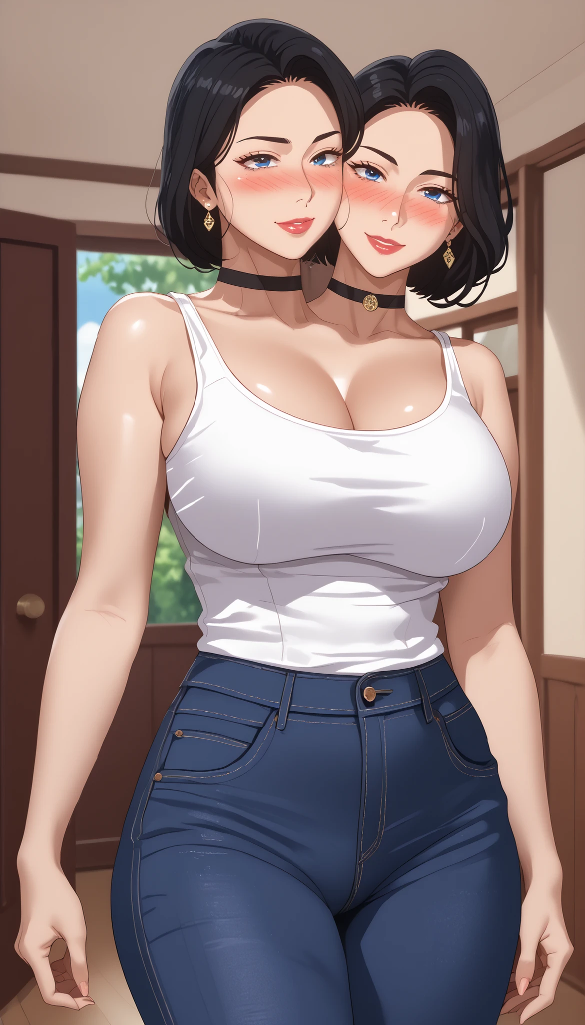 woman with two heads,Mature Woman,score_9, score_8_up, score_7_up, score_6_up, score_5_up, score_4_up, source_anime, tag1, tag 2, quality_masterpiece, Sua ((Secret Class)), tank top white,short jeans,anatomically accurate , Facial beauty , perfect face, very detailed and beautiful face and eyes, Attractive Faces , detailed face , Delicate Face, detailed skin,curvilinear, Voluptuous, wide hips, Thighs, function, Mature Woman, Big Breasts,valley, Full Face Blush,small smile,room, short black hair with waist, blue eyes, black choker,look at people watching,standing split, building background,The sun has set